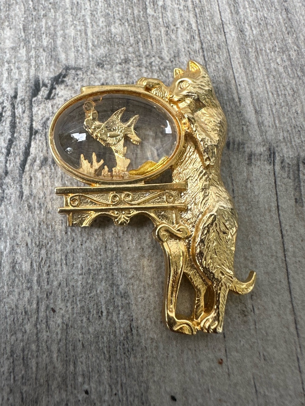 Vintage 1928 Jewelry FIsh in Cat Bowl Gold Tone Pin Brooch